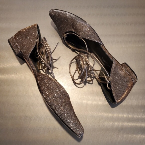 Stuart Weitzman Gillian Lace up Dorsay Point Toe Metallic Flat Pyrite 9.5 - Picture 5 of 11